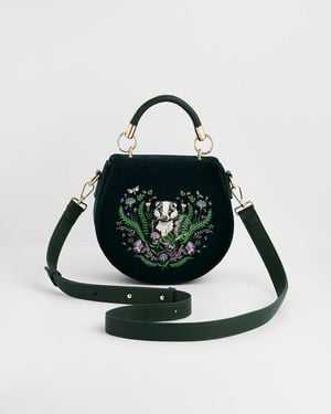 Fable England Badger Embroidered Top Handle Saddle Bag - Green