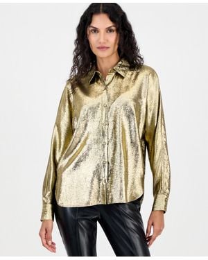 Tahari Button-down Metallic Long-sleeve Blouse - Natural