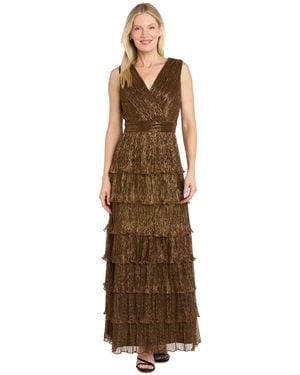 R & M Richards Petite Metallic Tiered-ruffle Sleeveless Gown - Brown