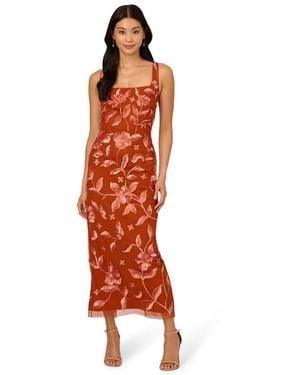 Adrianna Papell Beaded Mesh Slim Column Dress - Orange