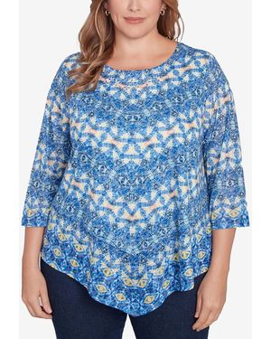 Ruby Rd. Plus Size Chevron Burnout Crew Neck Knit Top - Blue