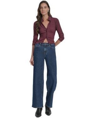 DKNY Textured Collared Button Front Blouse High Rise Modern Wide Leg Jeans - Blue