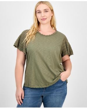 Democracy Trendy Plus Crochet Flutter-sleeve Top - Green