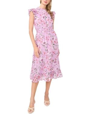 Cece Flutter-sleeve Smocked Crewneck Midi Dress - Pink