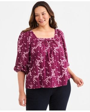 Style & Co. Plus Size Printed Square Neck Top - Red