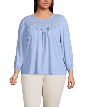 Lands' End Plus Size 3/4 Sleeve Eyelet Mix Flowy Top - Blue