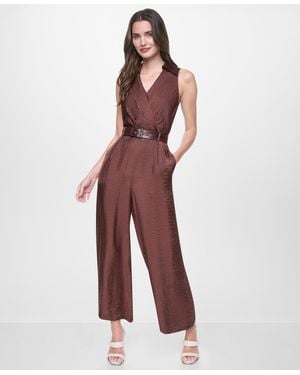 DKNY Sleeveless Belted Jumpsuit - Red