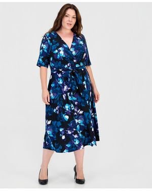 Kasper Plus Size Floral Fit & Flare Faux-wrap Midi Dress - Blue