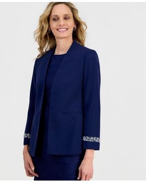 Kasper Stretch Crepe Collarless Embellished Bracelet-sleeve Jacket - Blue