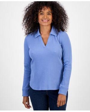 Style & Co. Style Co Waffle Knit Long Sleeve Polo Top Macys Exclusive - Blue