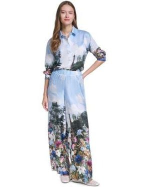 KARL LAGERFELD Printed Collared Neck Blouse Paris Scene Printed Pull On Pants - Blue