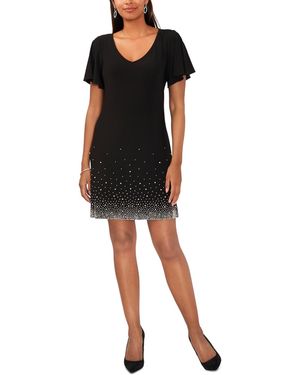 Msk V-neck Short-sleeve Embellished-hem Shift Dress - Black