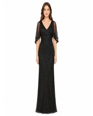 Lara Cape-sleeve V-neck Beaded Gown - Black