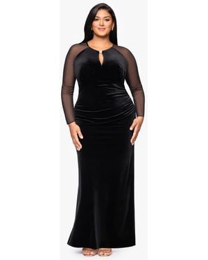 B & A by Betsy and Adam Plus Size Velvet Mesh Ballgown - Black