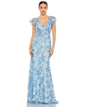 Mac Duggal Embroidered Applique Wrap Over Flutter Sleeve Gown - Blue