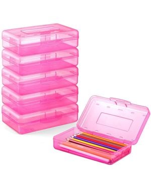 Gnuadz 6 Pack Plastic Pencil Case Crayon Pen Organizer Snap Lid Stackable Craft Storage Box - Pink