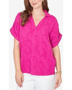 Ruby Rd. Petite Paisley Embossed Gauze Camp Shirt - Pink