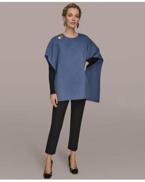 Donna Karan Wool Blend Cape Jacket Faux Wrap Top Slim Leg Ankle Pants - Blue