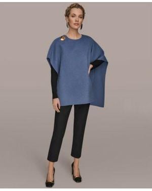 Donna Karan Wool Blend Cape Jacket Faux Wrap Top Slim Leg Ankle Pants - Blue