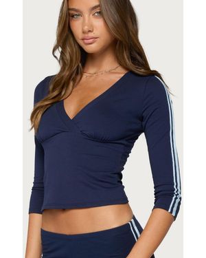 Edikted Danie 3/4-sleeve V-neck Striped Top - Blue
