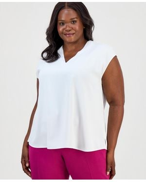 Kasper Plus Size Sleeveless Pleated-neck Top - White