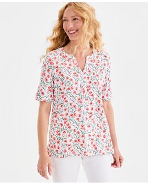 Style & Co. Printed Split-neck Elbow-sleeve Tunic - White