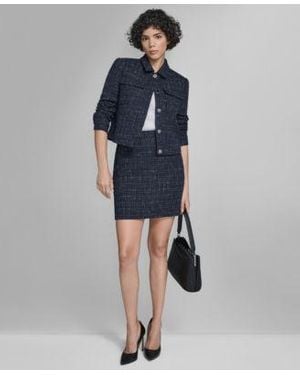 Calvin Klein Boucle Cropped Long Sleeve Jacket Tweed Skirt Ribbed Short Sleeve Sweater - Blue