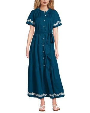 Lands' End Cotton Voile Button Front Maxi Dress - Blue