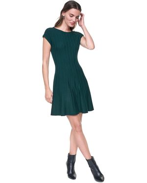 DKNY Cap Sleeve Crew Neck Ribbed Fit And Flare Sweater Dress - Green