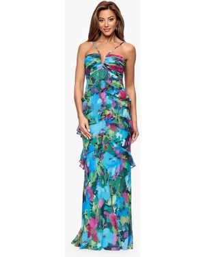 Xscape V-neck Tiered Gown - Blue