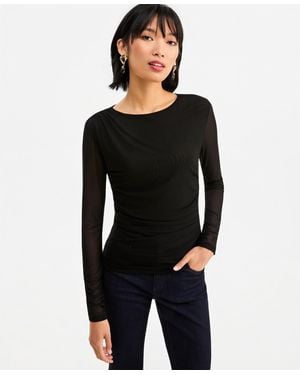 INC International Concepts Long-sleeve Ruched Mesh Blouse - Black
