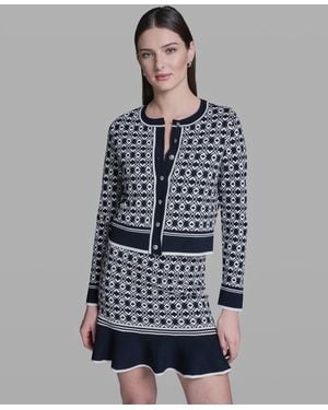 BCBGMAXAZRIA Printed Crewneck Sweater Jacket - Blue