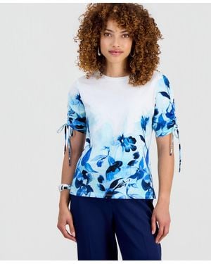 INC International Concepts Petite Cotton Placed-print Tie-sleeve Top - Blue