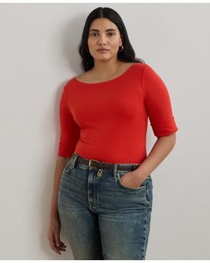 Ralph Lauren Plus Size Stretch Cotton Boatneck Top - Red