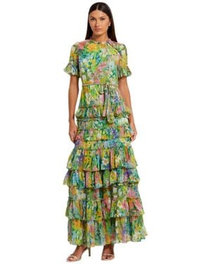 Mac Duggal Floral Printed Chiffon Tiered Ruffle Gown - Green