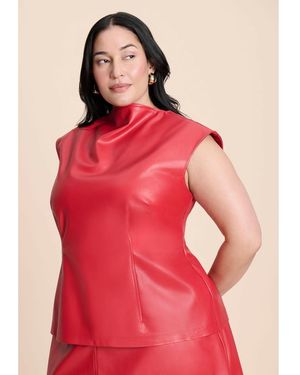 Eloquii Plus Size Faux Leather Top With Dramatic Neck - Red