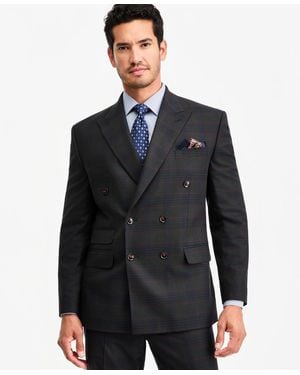 Tayion Collection Classic-fit Green Plaid Suit Separate Double-breasted Jacket - Blue