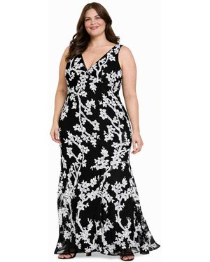 R & M Richards Plus Size Floral Sequin V-neck Long Gown - Black