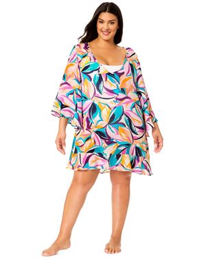 Anne Cole Plus Size V-neck Flounce Swim Cover Up Tunic - Blue