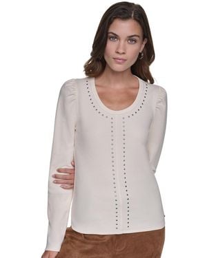 DKNY Scoop Neck Long-puff Sleeve Rhinestud Cotton-blend Top - White