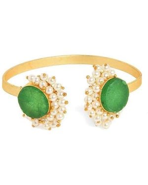 SOH Gold-tone Green Cluster Stone And Imitation Pearl Cuff Bracelet - White