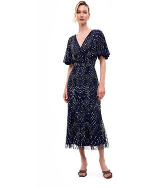 Beauut Embellished Sequins Flutter Sleeves Midi Dress - Blue