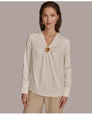 Donna Karan V-neck Embellished Top - Natural