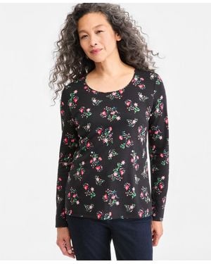 Style & Co. Petite Floral-print Long-sleeve Scoop Neck T-shirt - Black