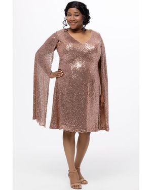 Celebrations by Sydneys Closet Sequin V-neck Cape Sleeve Party Dress - Brown