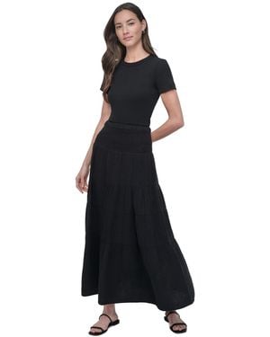 DKNY Petite Cotton Smocked-waist Tiered Maxi Skirt - Black