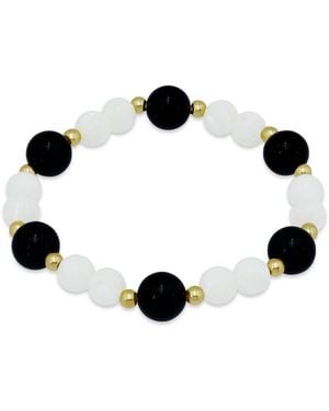 Macy's 14k Gold-plated Over Brass Onyx Beads Imitation Pearl Beads Stretch Bracelet - Black