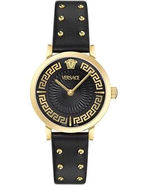 Versace Swiss Greca Fortuna Black Leather Strap Watch 35mm - Metallic
