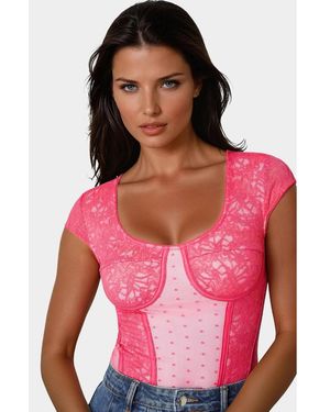 Bebe Swiss Dot Lace Bodysuit - Pink