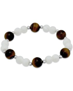 Macy's 14k Gold-plated Over Brass Imitation Pearl Tigers Eye Beads Stretch Bracelet - Black